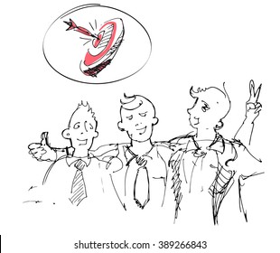 Vector sketch of team workers with the target. Team work, start up, partnerships business conception