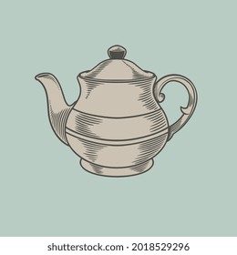 Vector sketch teapot illustration. Chinese porcelain kettle isolated in retro style. Kitchen utensils, cooking stuff for menu decoration. Engraved hand drawn in old vintage sketch