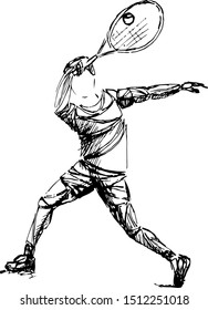 Vector sketch of a tennis player hitting a powerful overhead shot with extended arms. Dynamic pose, full-body motion, and expressive linework in hand-drawn style.