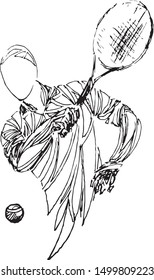 Vector sketch of a tennis player preparing a backhand stroke with racket raised. Hand-drawn ink lines highlight intensity, athletic form, and focused motion on a clean background.