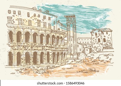 vector sketch of Theatre of Marcellus (Teatro di Marcello) Rome, Italy. Retro style.