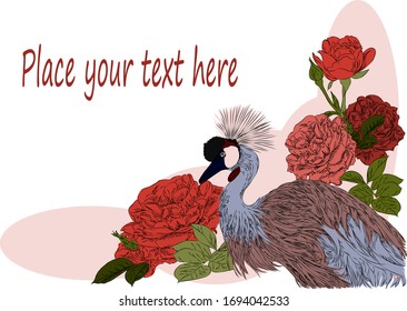 Vector sketch. There is a space in the center of the card for your text. Image of a bird and rose flowers.