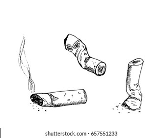 Vector sketch of three butts. Hand-drawn set of used cigarettes.