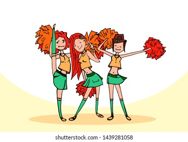 Vector sketch - three cheerleaders. Soccer fans, Young girls with pompoms. Cheerleader Schoolgirls.
