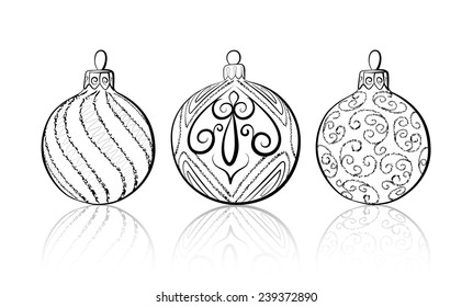 Vector sketch of three Christmas balls on white background. Hand draw. Christmas decorations. Christmas toys.