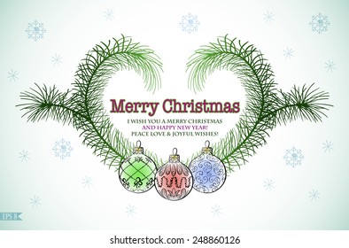 Vector sketch of three Christmas balls and branches of spruce. Hand drawn. Christmas decorations. Christmas toys. Merry Christmas.