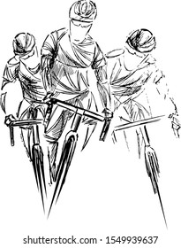 Vector sketch of three cyclists riding side by side during a competitive road race, drawn in dynamic motion with helmets and streamlined posture, faceless figures in action.