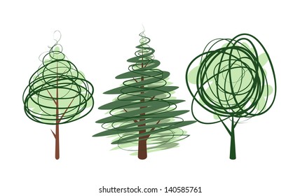 Vector sketch of three green tree on white background.