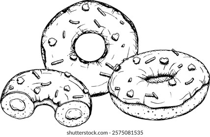 Vector sketch of three round donuts with icing and sprinkles in the shape of a heart. Hand drawn with liner, perfect for Valentine s Day designs, menu, packaging and branding. Romantic and sweet vibe