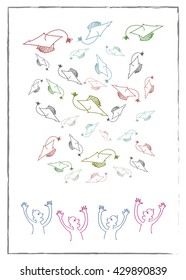 Vector sketch of the thrown graduation caps and the students. Graduation, school, college, education concept.