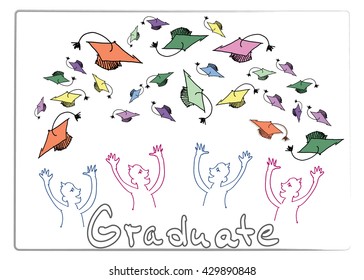 Vector sketch of the thrown graduation caps and the students. Graduation, school, college, education concept.