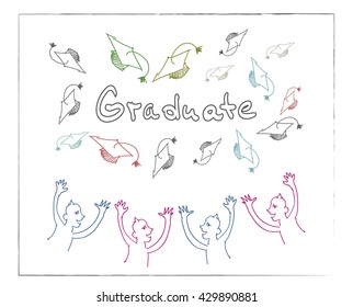 Vector sketch of the thrown graduation caps and the students. Graduation, school, college, education concept.