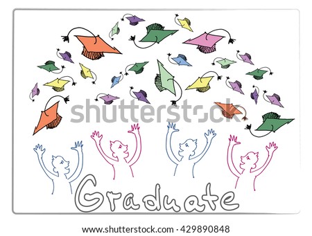 Vector sketch of the thrown graduation caps and the students. Graduation, school, college, education concept.
