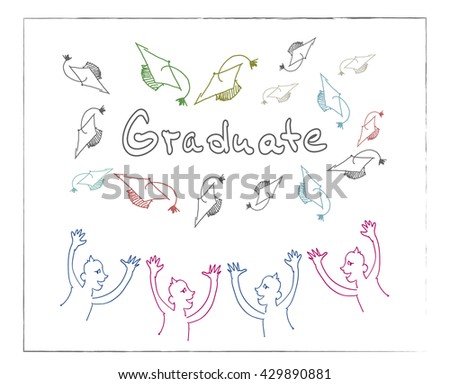 Vector sketch of the thrown graduation caps and the students. Graduation, school, college, education concept.