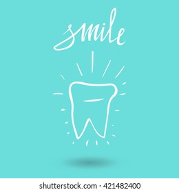 Vector Sketch Tooth With Text Smile  And Rays. Tooth Symbol. Blue Backdrop. Tooth. Icon Vector Silhouette. Health, Medical Or Doctor And Dentist Office Poster. Oral Care, Dental,