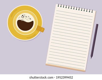 Vector sketch top view. On the table a cup with coffee and a notebook for text with a pen