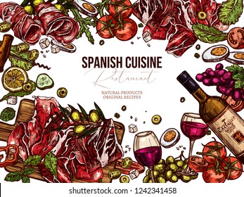 Vector sketch top view spanish cuisine background. Colorful hand drawn illustration with meat, wine, jamon, vegetables, salads olive