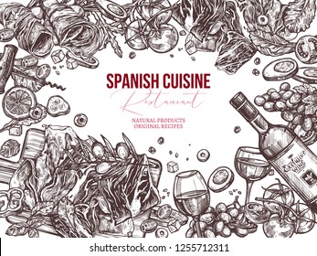 Vector sketch top view spanish cuisine background. Black and white hand drawn illustration with meat, wine, jamon, vegetables, salads olive