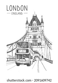 Vector sketch of Tower Bridge and bus in London. Architecture sketch illustration. Hand drawn sketch of London city, UK. Isolated on white background. Travel sketch. Hand drawn travel postcard.