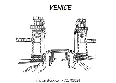 vector sketch of towers at the entrance of the Arsenale of Venice, Italy (Porta dell' Arsenale).