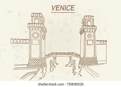 vector sketch of towers at the entrance of the Arsenale of Venice, Italy (Porta dell' Arsenale). Retro style.