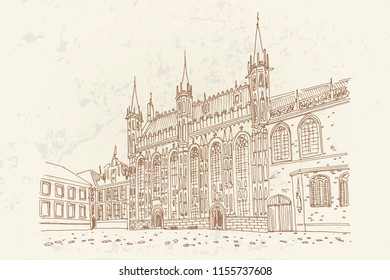 Vector sketch of The town hall of Bruges, Brugge, Belgium. Retro style.