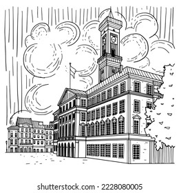 Vector sketch of town hall in Lviv, Ukraine.