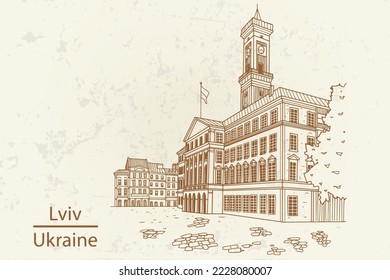 Vector sketch of town hall in Lviv, Ukraine.