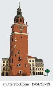 vector sketch of The  Town Hall Tower in  the Main Market Square in the Old Town district of Kraków. Poland.