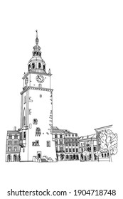 vector sketch of The  Town Hall Tower in  the Main Market Square in the Old Town district of Kraków. Poland.