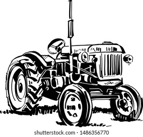 The vector sketch of the tractor on the farmhouse of background 