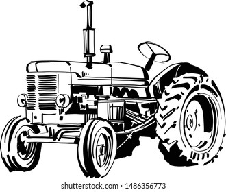 The vector sketch of the tractor on the farmhouse of background 