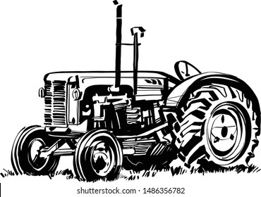 The vector sketch of the tractor on the farmhouse of background 