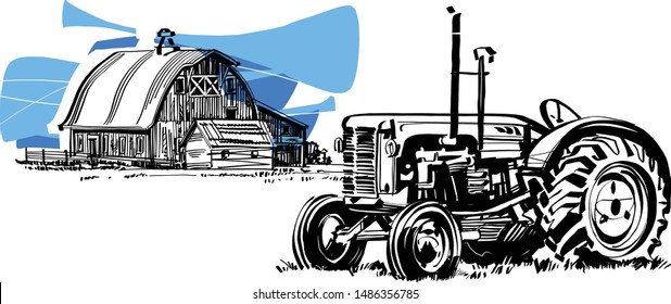 The vector sketch of the tractor on the farmhouse of background 