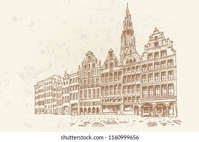Vector sketch of Traditional architecture in Antwerpen, Belgium