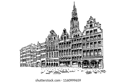 Vector sketch of Traditional architecture in Antwerpen, Belgium
