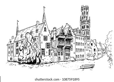 Vector sketch of Traditional architecture in the town of Bruges (Brugge), Belgium
