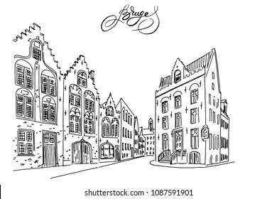 Vector sketch of Traditional architecture in the town of Bruges (Brugge), Belgium