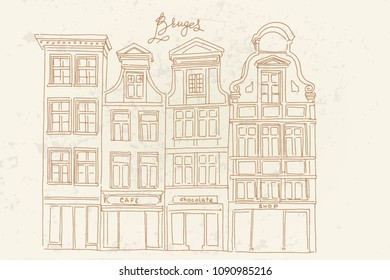 Vector sketch of Traditional architecture in the town of Bruges (Brugge), Belgium