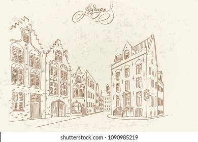 Vector sketch of Traditional architecture in the town of Bruges (Brugge), Belgium
