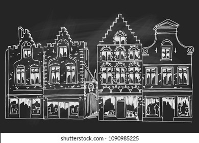Vector sketch of Traditional architecture in the town of Bruges (Brugge), Belgium