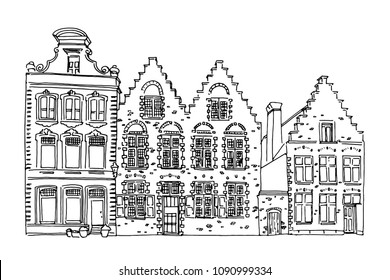 Vector sketch of Traditional architecture in the town of Bruges (Brugge), Belgium