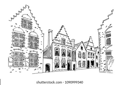 Vector sketch of Traditional architecture in the town of Bruges (Brugge), Belgium