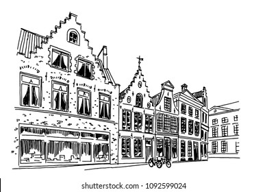 Vector sketch of Traditional architecture in the town of Bruges (Brugge), Belgium