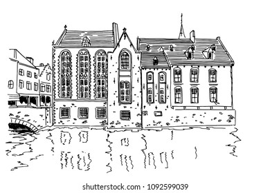 Vector sketch of Traditional architecture in the town of Bruges (Brugge), Belgium