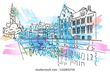 Vector sketch of Traditional architecture in the town of Bruges (Brugge), Belgium