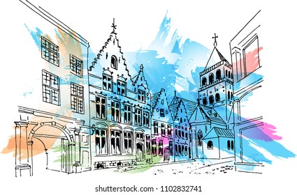 Vector sketch of Traditional architecture in the town of Bruges (Brugge), Belgium