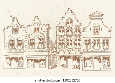 Vector sketch of Traditional architecture in the town of Bruges (Brugge), Belgium. Retro style.