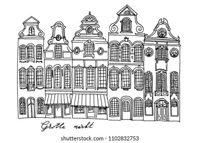 Vector sketch of Traditional architecture in the town of Bruges (Brugge), Belgium