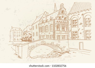 Vector sketch of Traditional architecture in the town of Bruges (Brugge), Belgium. Retro style.